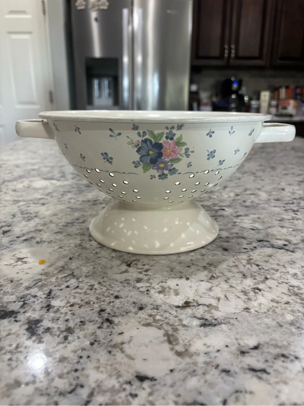 Vintage Cream Floral Enamel Colander Cottagecore Grandma core Decor
